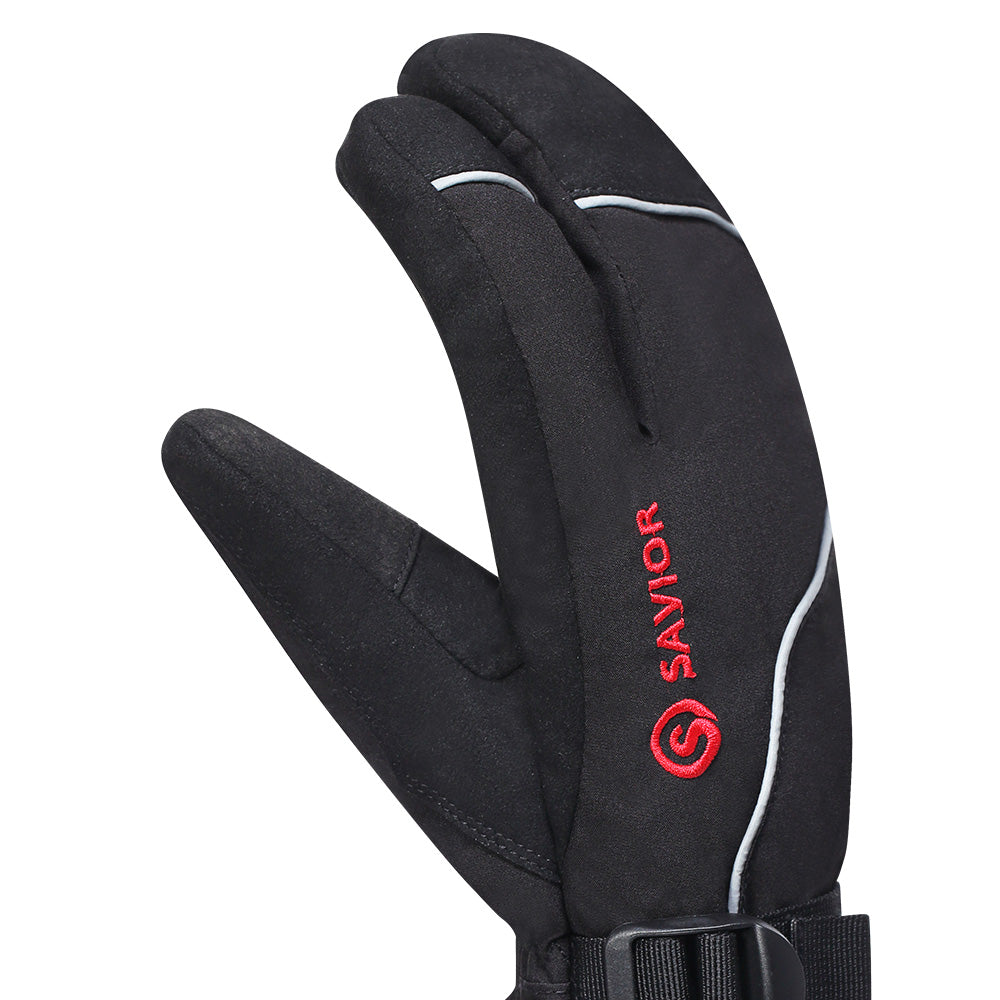 Black three-finger ski glove with reflective trim and SAVIOR logo, lightweight insulated design for winter outdoor use.