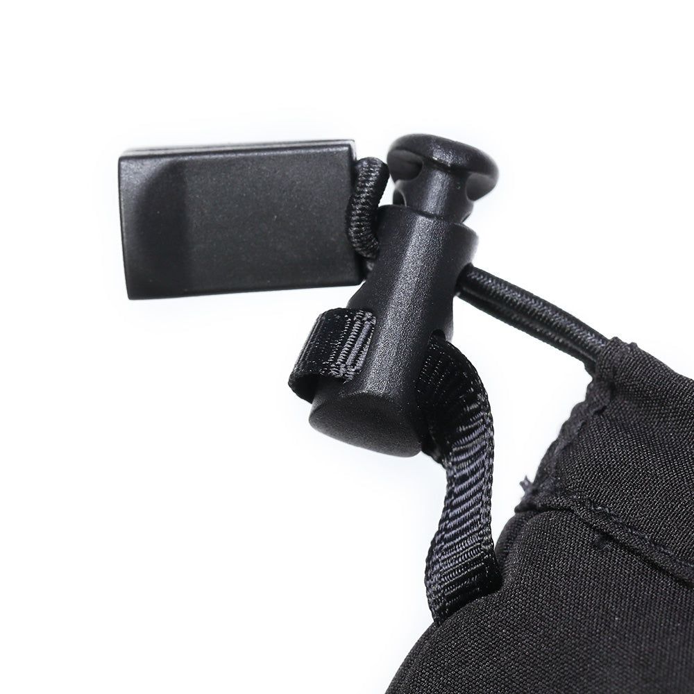 Close-up of an adjustable toggle drawstring on heated winter gloves, showing the secure cord lock for tightening the cuff.