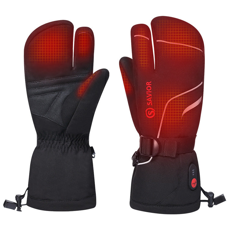 Heated three-finger ski gloves glowing in red to show full-hand warmth coverage across palms, thumb, and fingers in cold conditions.