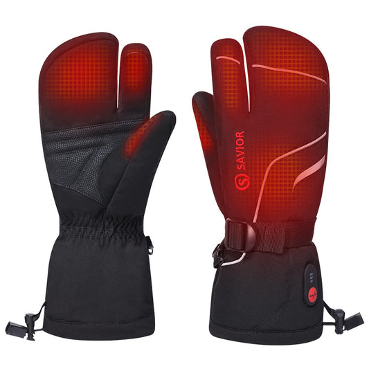 Heated three-finger ski gloves glowing in red to show full-hand warmth coverage across palms, thumb, and fingers in cold conditions.