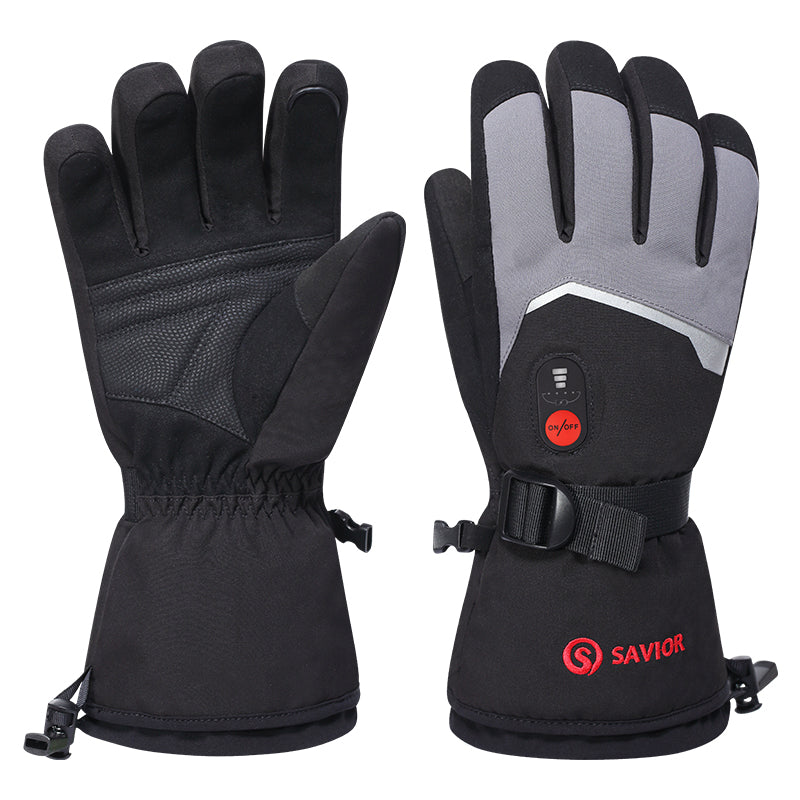 Heated ski gloves with touchscreen-friendly fingertips, reinforced palm grip, and adjustable wrist strap for winter outdoor use.
