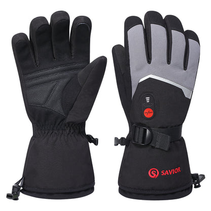 Heated ski gloves with touchscreen-friendly fingertips, reinforced palm grip, and adjustable wrist strap for winter outdoor use.