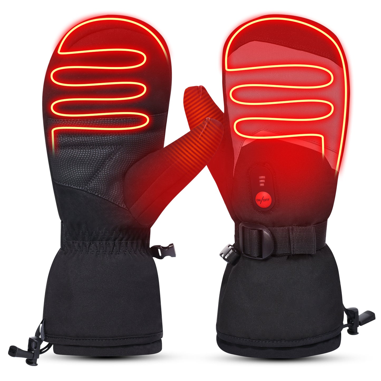 Heated ski mittens showing full-palm and finger heating zones with bright red glow for winter warmth.