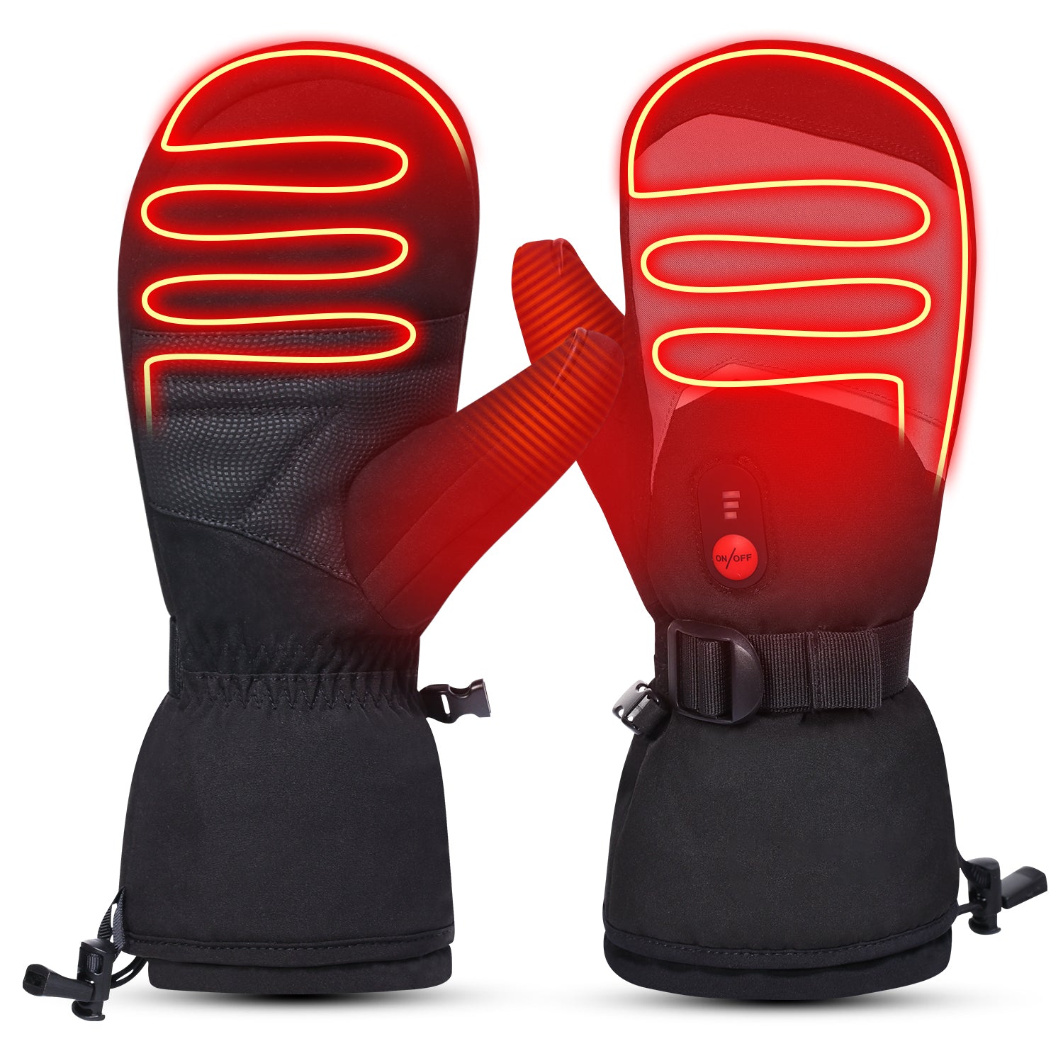 Heated ski mittens showing full-palm and finger heating zones with bright red glow for winter warmth.
