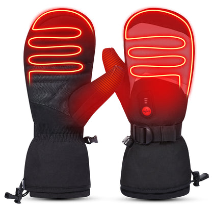 Heated ski mittens showing full-palm and finger heating zones with bright red glow for winter warmth.