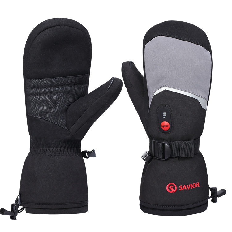Black and gray heated mittens with adjustable wrist strap and temperature control button shown from front and back.