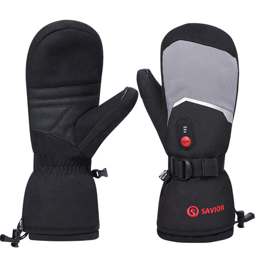 Black and gray heated mittens with adjustable wrist strap and temperature control button shown from front and back.