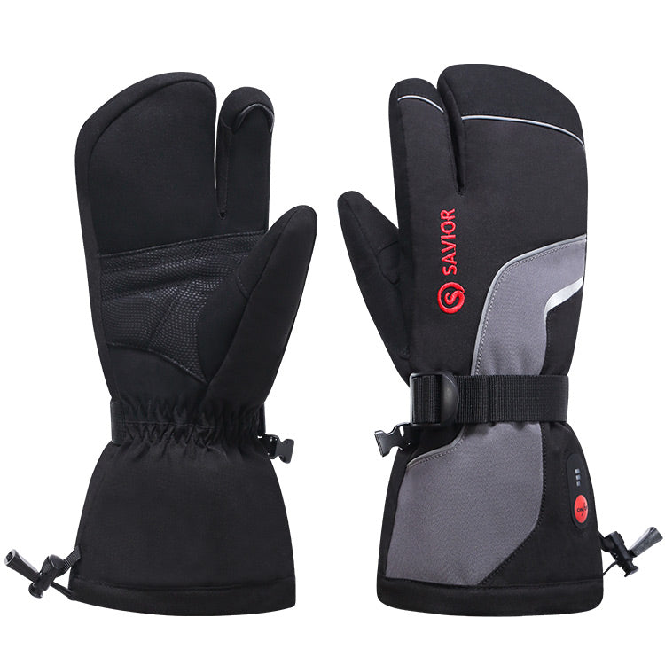 Black and gray heated ski mittens with adjustable wrist strap, waterproof design, and touchscreen panel, shown front and back.