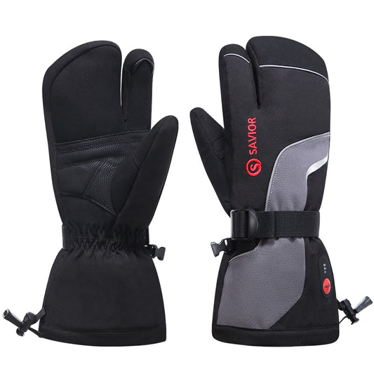 Black and gray heated ski mittens with adjustable wrist strap, waterproof design, and touchscreen panel, shown front and back.