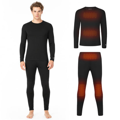 Black heated base layer set on a male model, with diagrams illustrating heat zones on chest, waist, and knees.