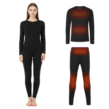 Black heated base layer set on a female model, with diagrams illustrating heat zones on chest, waist, and knees.