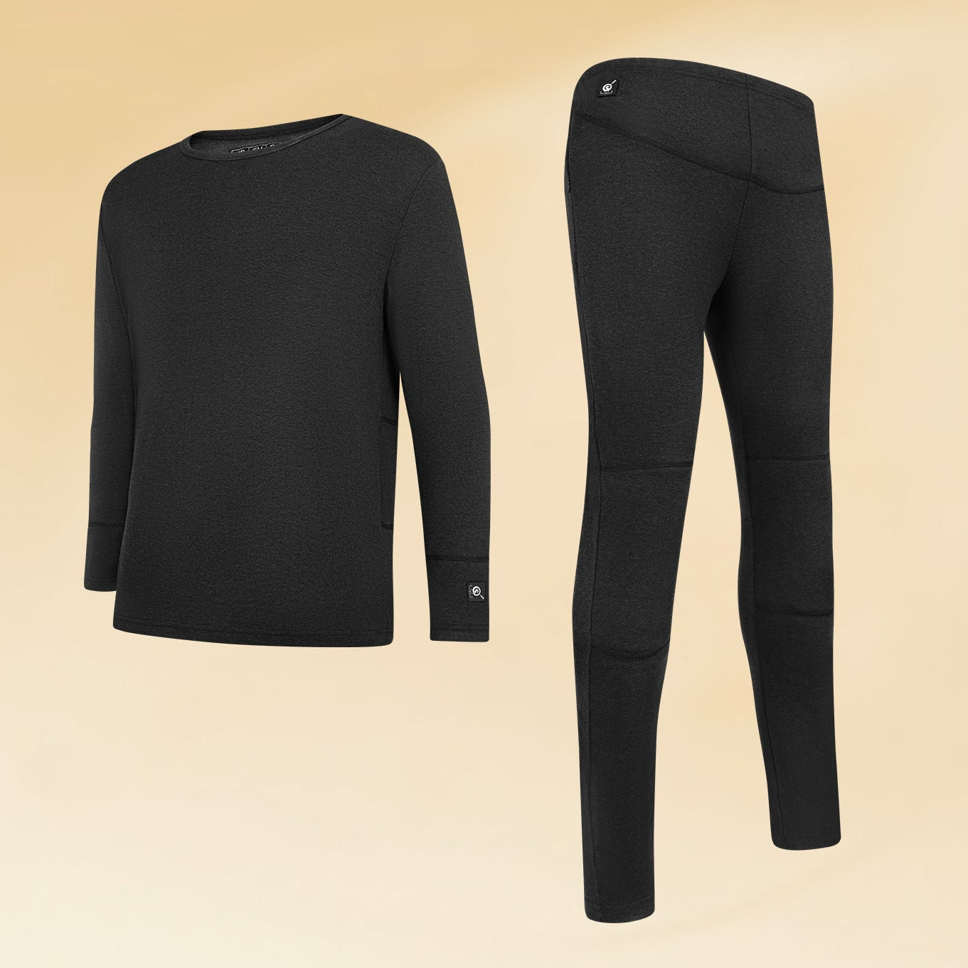 Front and back view of black heated underwear set, including long-sleeve top and fitted pants with built-in power buttons.