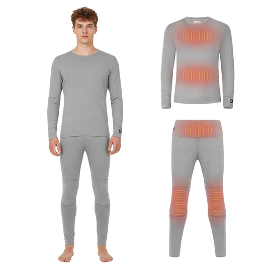 Gray heated base layer set shown on a male model, with diagrams illustrating heat zones on chest, waist, and knees.