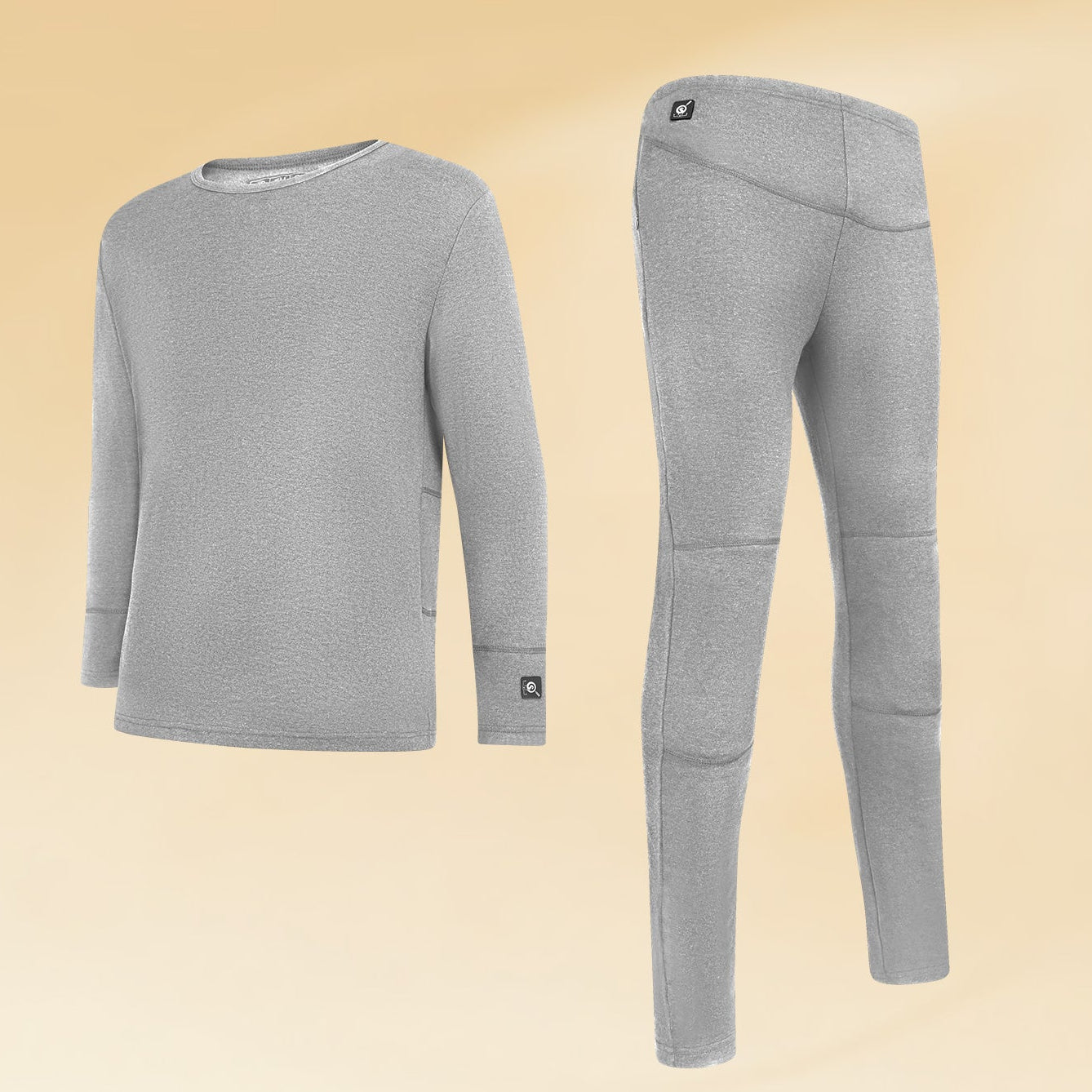 Front and back view of gray heated underwear set, including long-sleeve top and fitted pants with built-in power buttons.