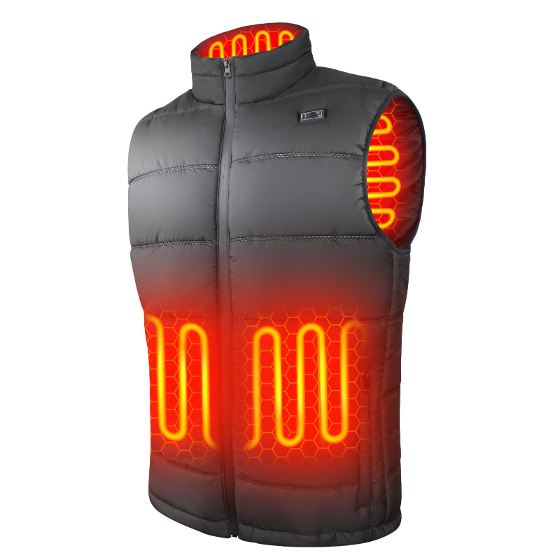 Black quilted heated vest with stand collar and zipper, showing illustrated heat zones on chest, abdomen, and inner lining.