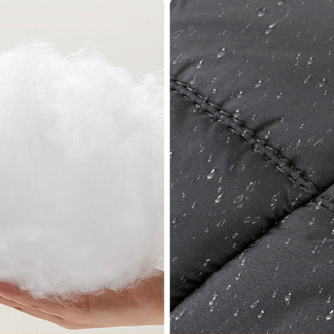 Split image showing soft white insulation filling and black heated vest fabric with water-resistant surface and stitched seams.