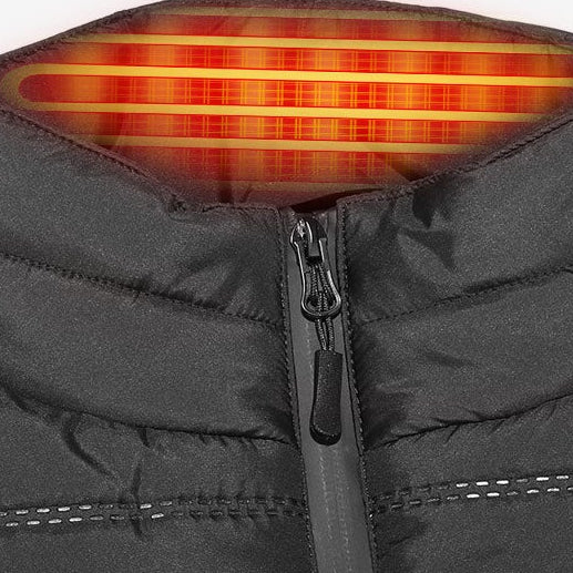 Close-up of black heated vest showing built-in heating panel near the collar.