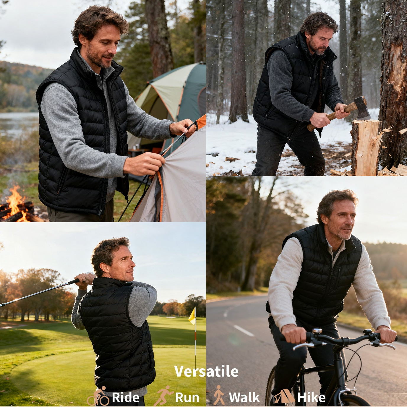 Man wearing black heated vest during camping, wood chopping, golfing, and cycling, showing versatile outdoor use.