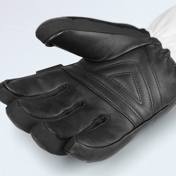 Black leather ski glove featuring reinforced stitching and padding for protective gear use.