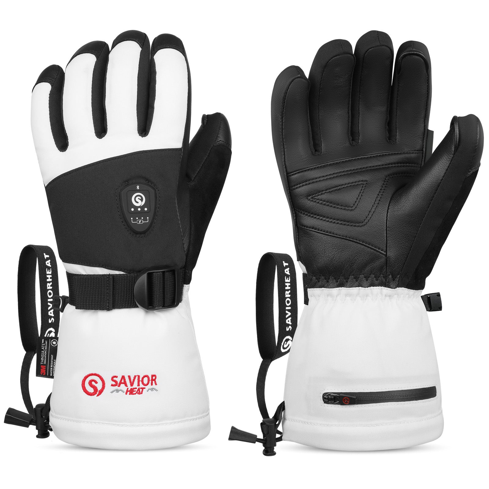 Best heated ski gloves for extreme cold weather skiing/snowboarding, featuring a waterproof black and white design with 3M Thinsulate insulation.