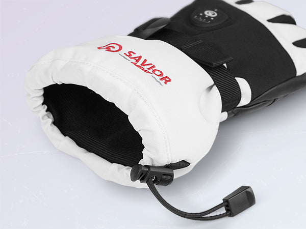 Black and white leather mittens with an elastic drawstring wrist and soft padded cuff for adjustable fit and enhanced warmth