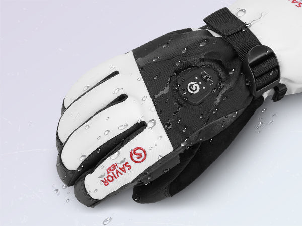 Black and white leather gloves with a water-resistant finish, elastic wrist strap, and reinforced stitching for durable, adjustable comfort