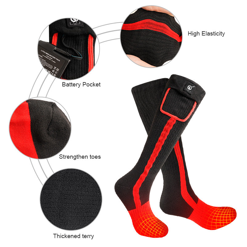 Infographic of black and red heated socks highlighting battery pocket, high elasticity, reinforced toes, and thickened terry fabric.