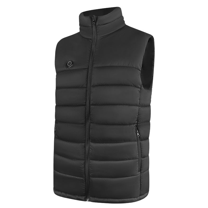 Black quilted sleeveless vest with stand collar, front zipper, chest control button, and zippered side pockets on a white background.