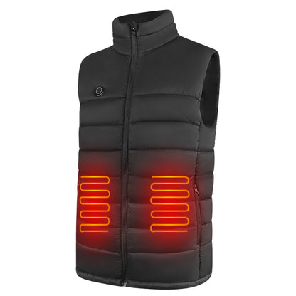 Black quilted heated vest with stand collar and zipper, showing illustrated heat panels on both sides of the lower torso.