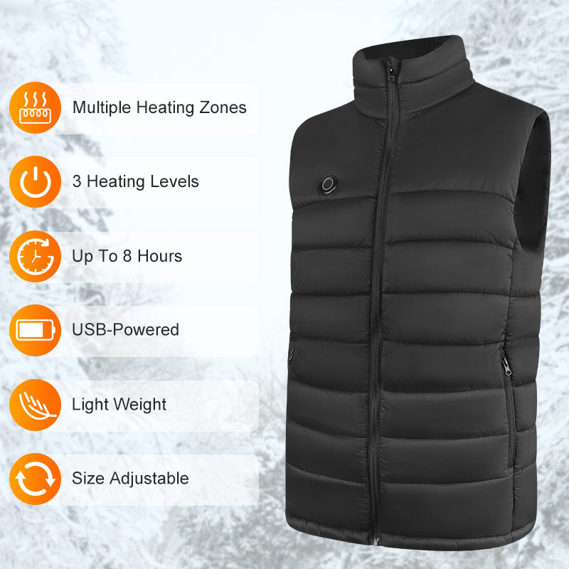 Infographic of black heated vest showing multiple heating zones, three heat levels, USB power, and lightweight design.
