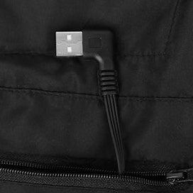 USB charging port inside black heated vest pocket above the zipper.