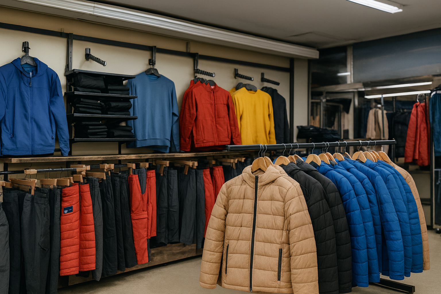 Retail display of winter jackets and gear in a store, a setting often used to showcase battery heated gloves and cold-weather apparel.