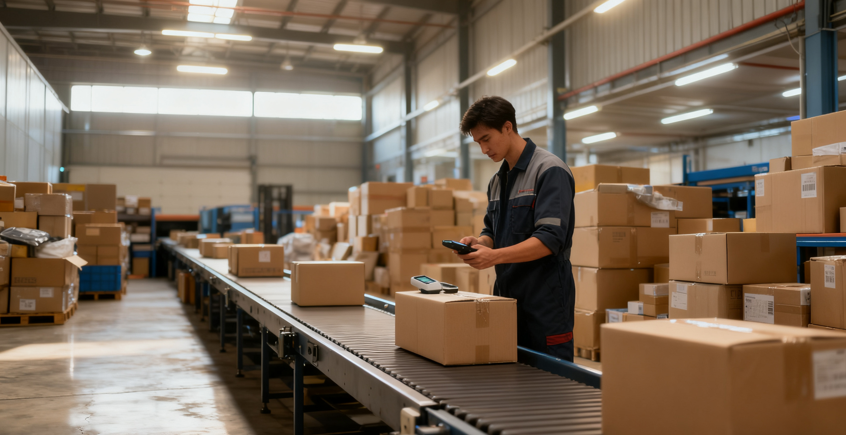 Worker scanning packages on a conveyor belt inside a warehouse filled with shipping boxes.