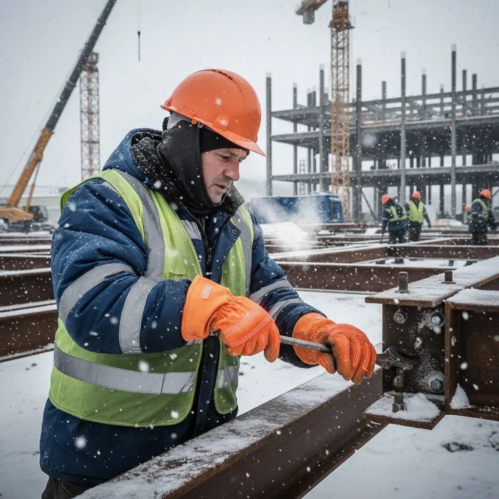 Construction worker wearing best heated gloves for outdoor work in winter snow conditions