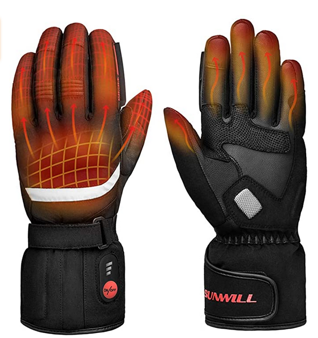 Heated winter gloves showing warming zones on the fingers and palm, featuring protective padding and an adjustable wrist strap.