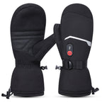 S66E heated mittens showing front and back with battery pocket and adjustable wrist strap, rechargeable electric mittens for winter sports