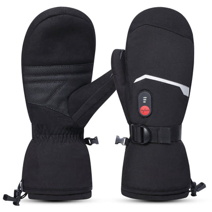 S66E heated mittens showing front and back with battery pocket and adjustable wrist strap, rechargeable electric mittens for winter sports