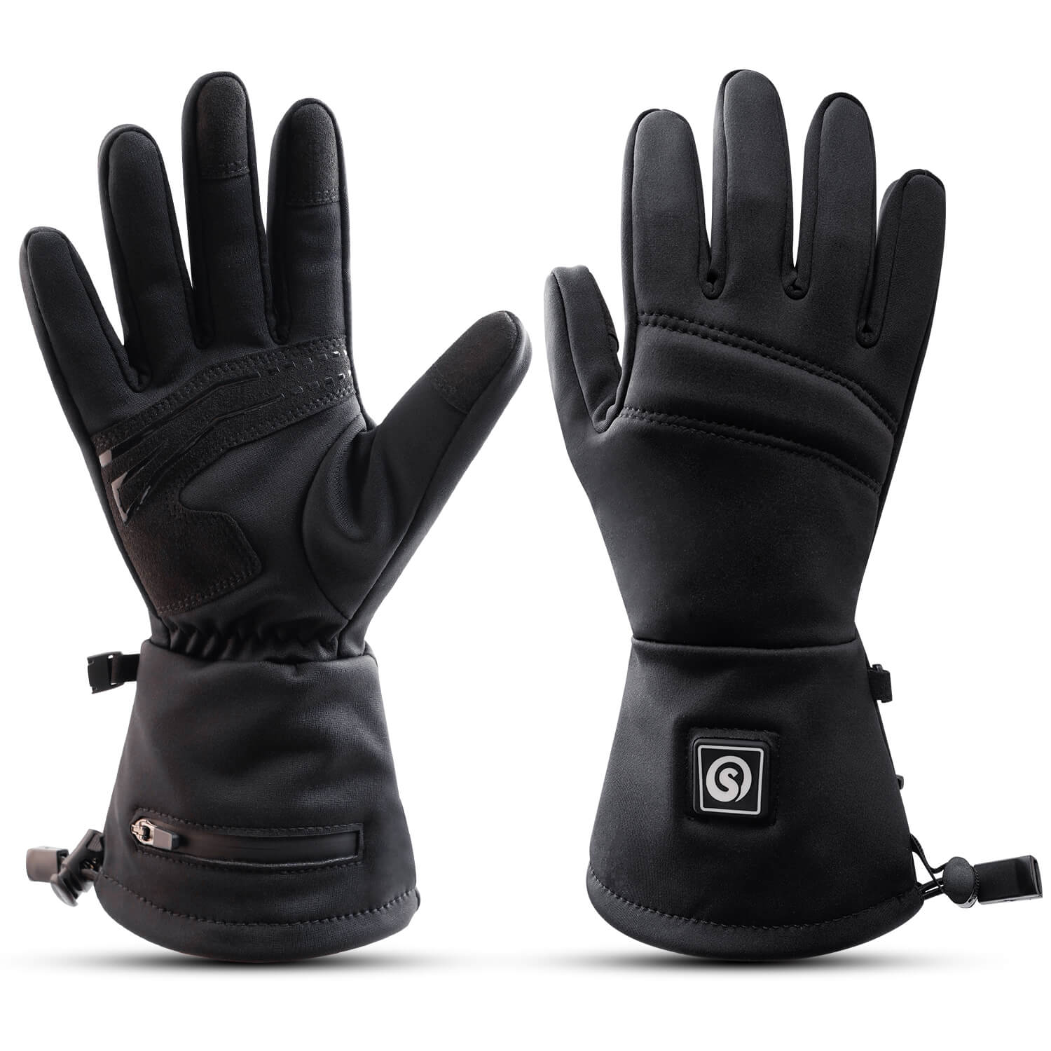 SAVIOR heated gloves showing palm grip and battery pocket, rechargeable electric gloves with adjustable cuff for winter sports