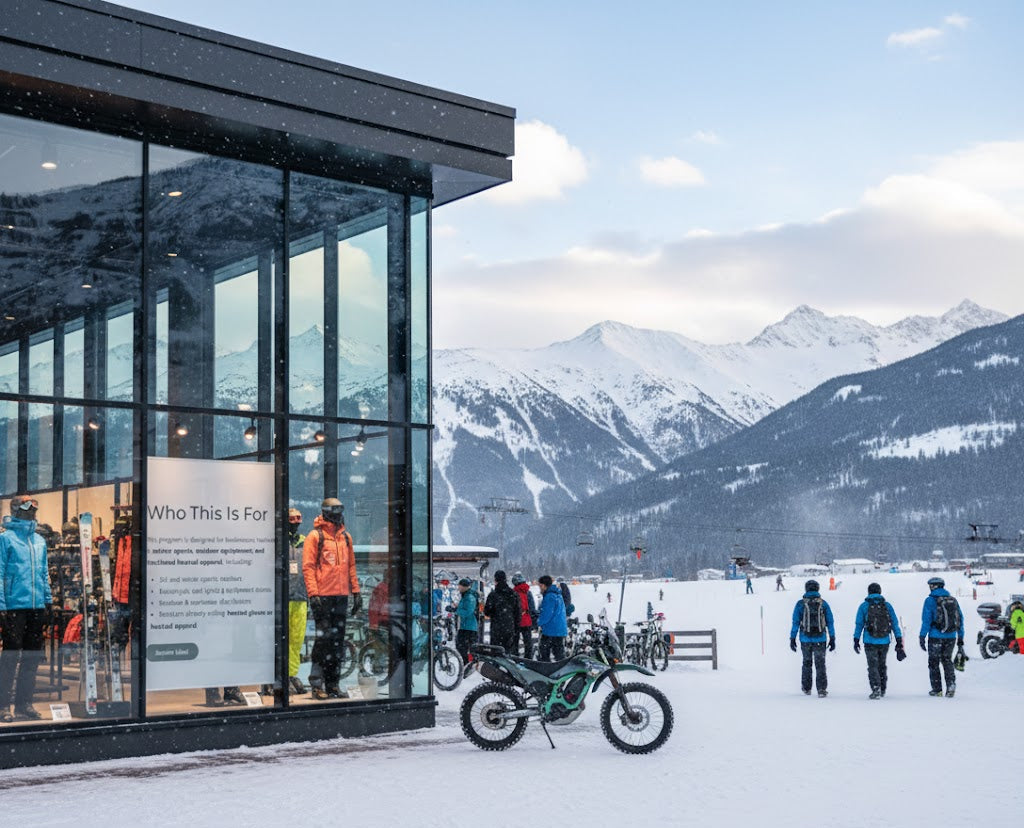 Modern glass ski shop with winter gear displays beside a snowy mountain resort, people walking and a fat-tire bike parked.