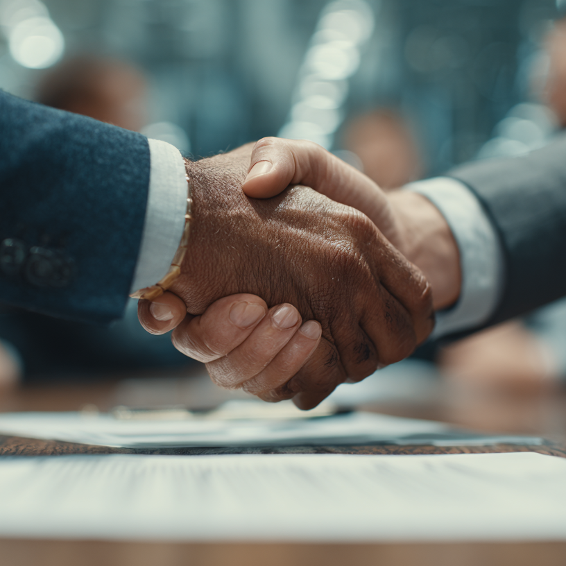 Handshake symbolizing partnership and distributor agreement in a business meeting.
