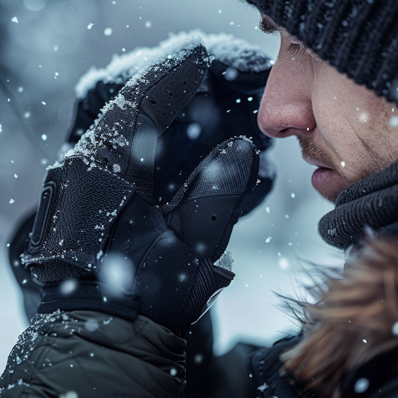 Close-up of a man warming his hands with battery heated gloves in heavy snow, highlighting cold-weather warmth and winter performance.